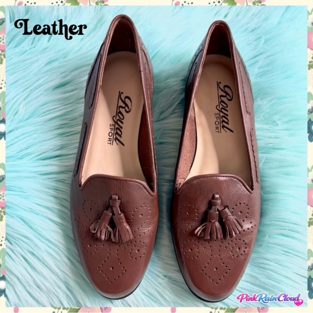 Royal Sport Brown Vintage LEATHER Slip On Brogue Tassel Loafers Women’s 6.5